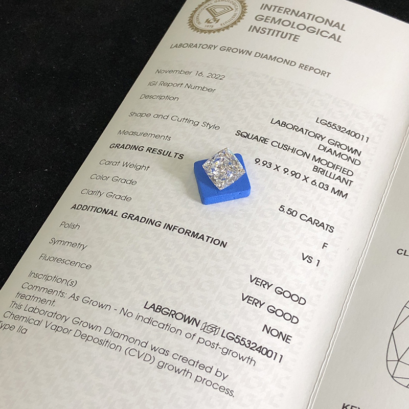 CVD LG553240011 Square Cushion Modified Brilliant 5.50CT F VS1 VG VG Lab Grown Diamond