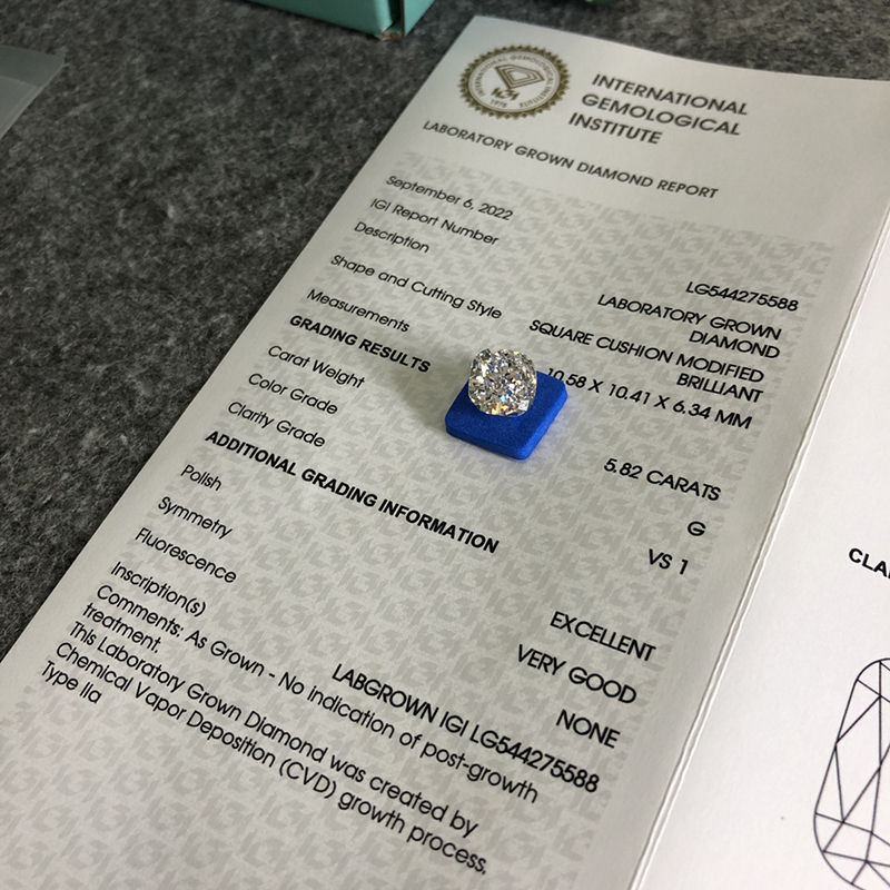 CVD LG544275588 Square Cushion Modified Brilliant 5.82CT G VS1 EX VG Lab Grown Diamond