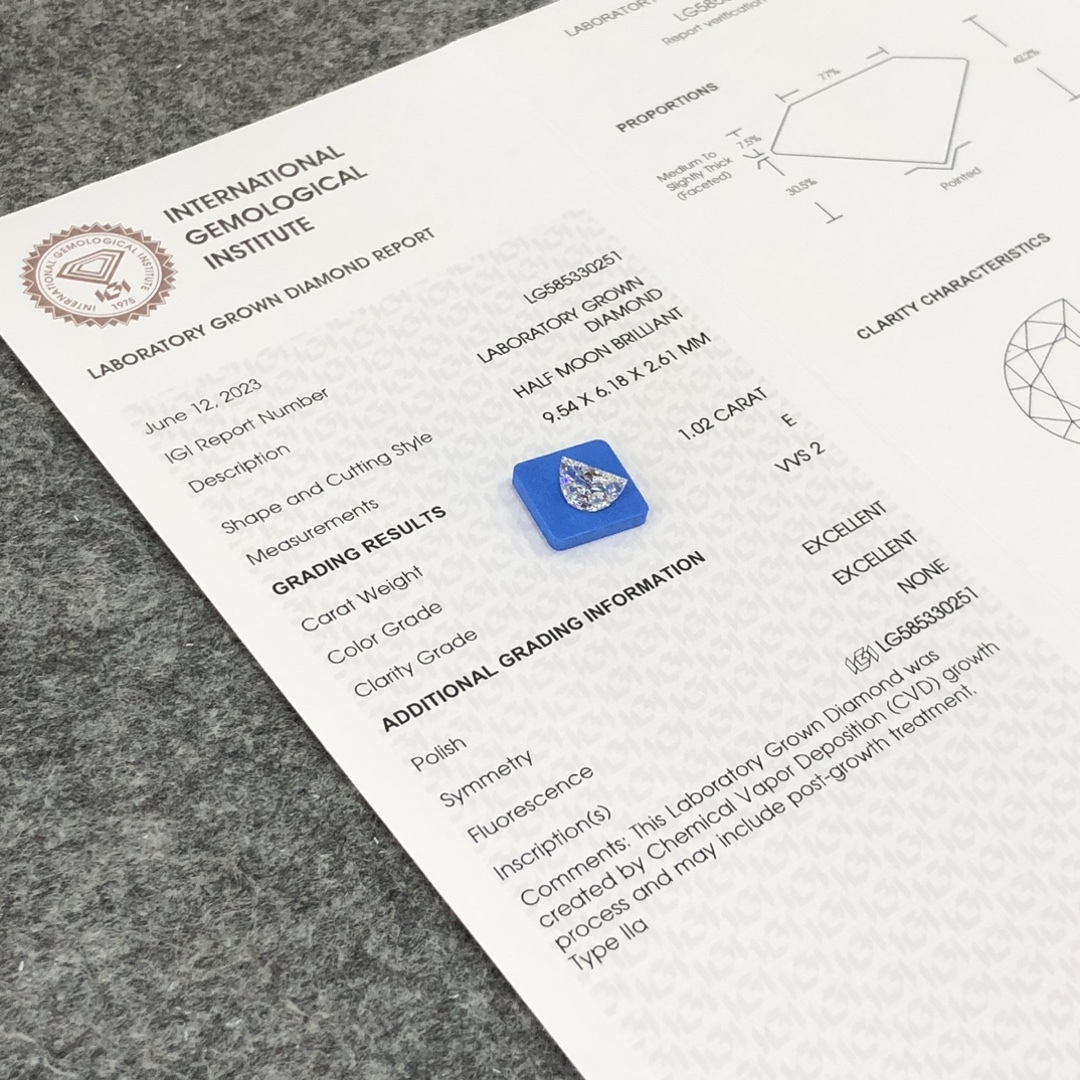 MissDiamond CVD LG585330251 HALF MOON BRILLIANT 1.02CT E VVS2 EX EX Lab Grown Diamond