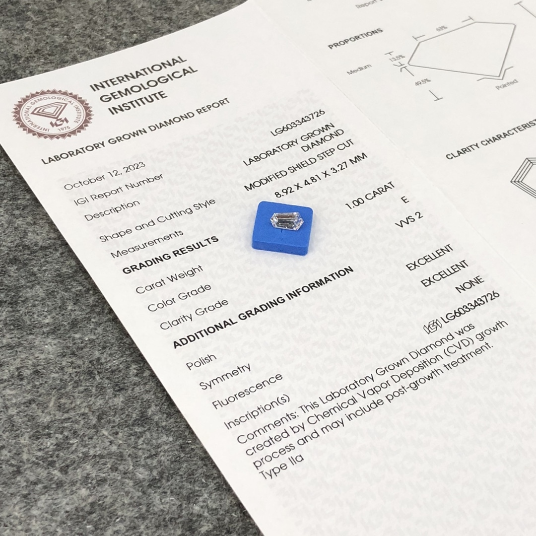 MissDiamond CVD LG603343726 Modified Shield Step Cut 1.00CT E VVS2 EX EX Lab Grown Diamond