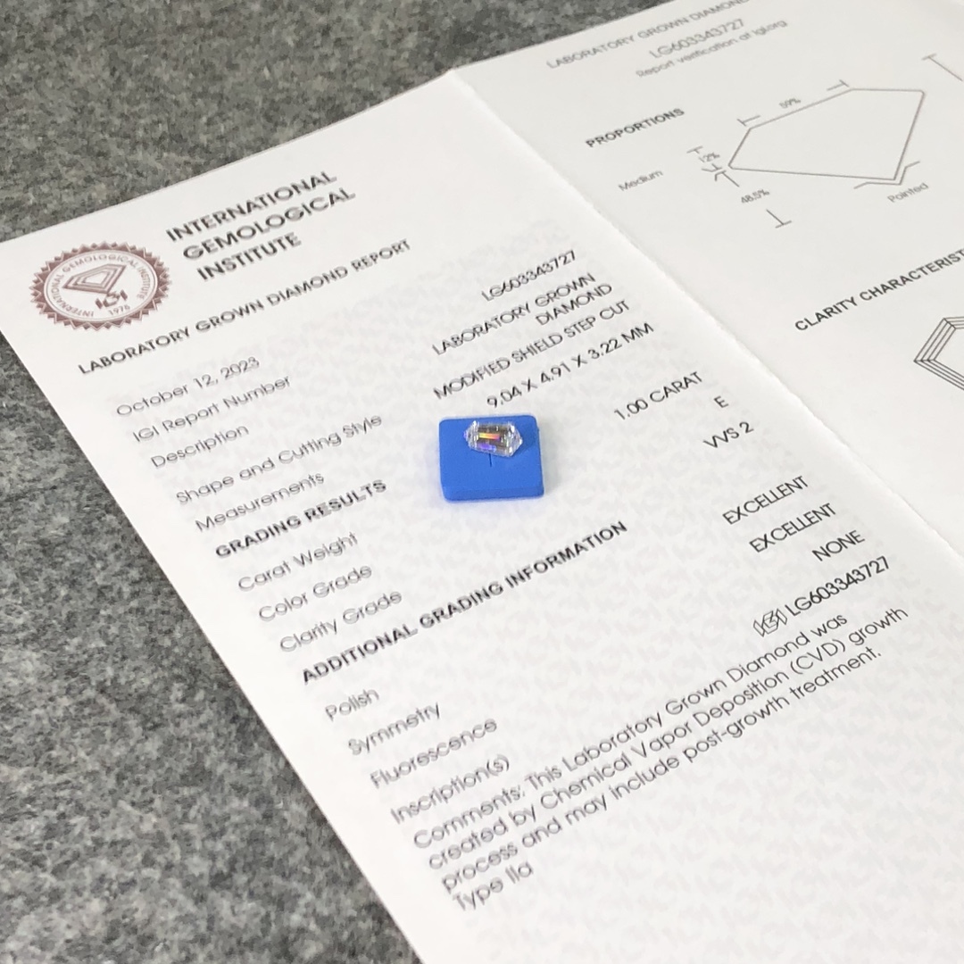 MissDiamond CVD LG603343727 Modified Shield Step Cut 1.00CT E VVS2 EX EX Lab Grown Diamond