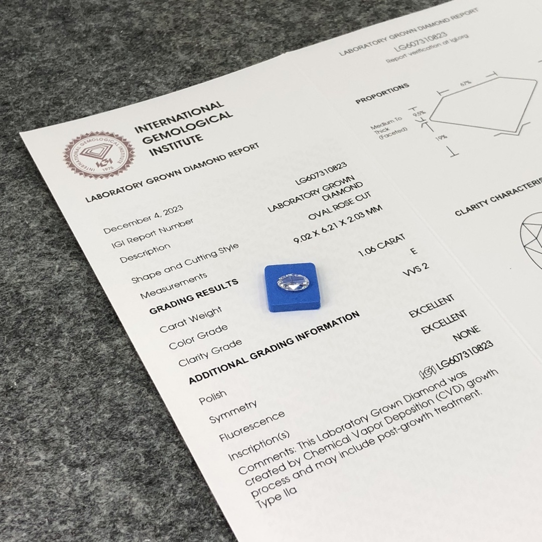 MissDiamond CVD LG607310823 Oval Rose Cut 1.06CT E VVS2 EX EX Lab Grown Diamond