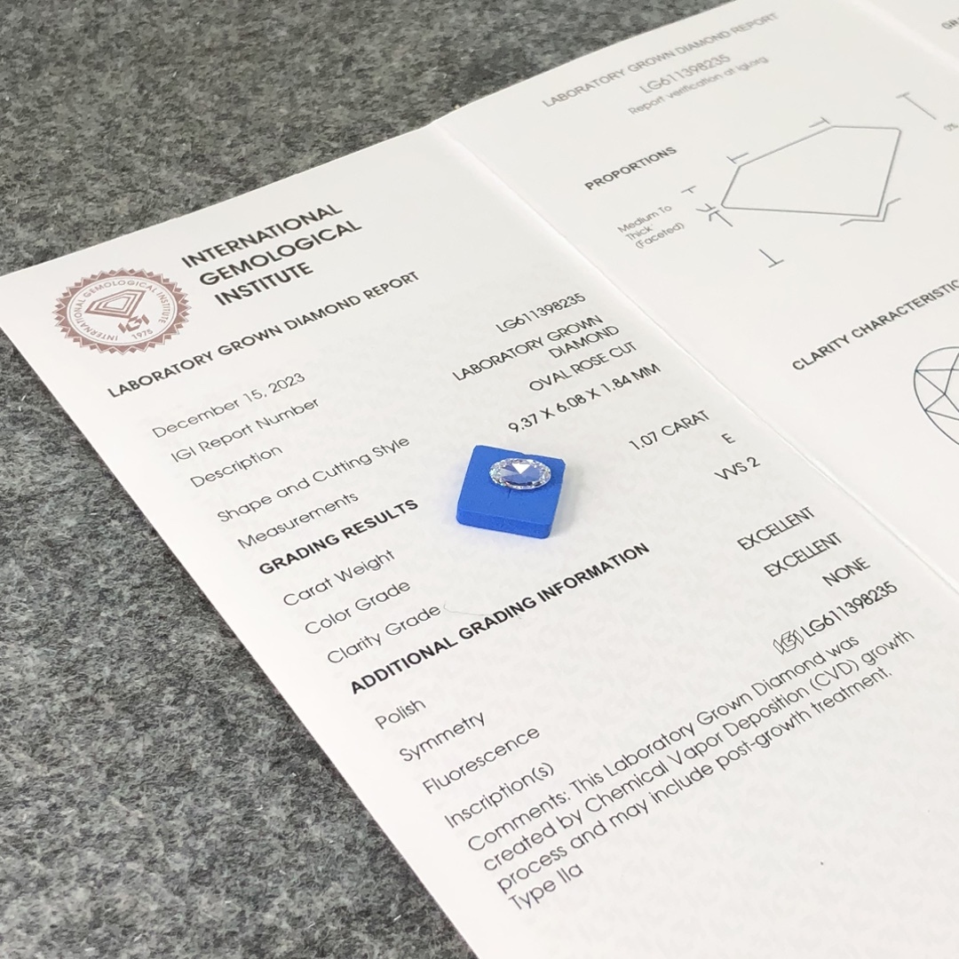 MissDiamond CVD LG611398235 Oval Rose Cut 1.07CT E VVS2 EX EX Lab Grown Diamond
