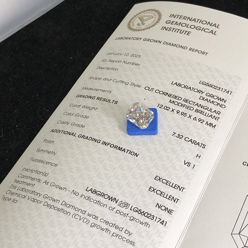 CVD LG560231741 Cut Cornered Rectangular Modified Brilliant 7.32CT H VS1 EX EX Lab Grown Diamond