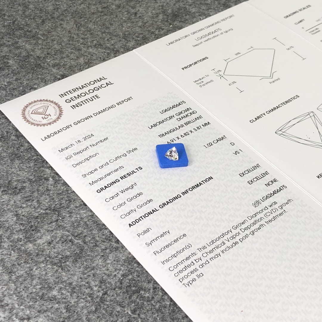 MissDiamond CVD LG626456475 Triangular Brilliant 1.02CT D VS1 EX EX Lab Grown Diamond