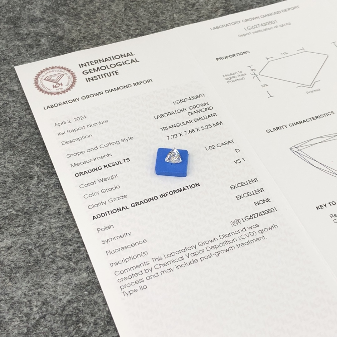 MissDiamond CVD LG627430501 Triangular Brilliant 1.02CT D VS1 EX EX Lab Grown Diamond