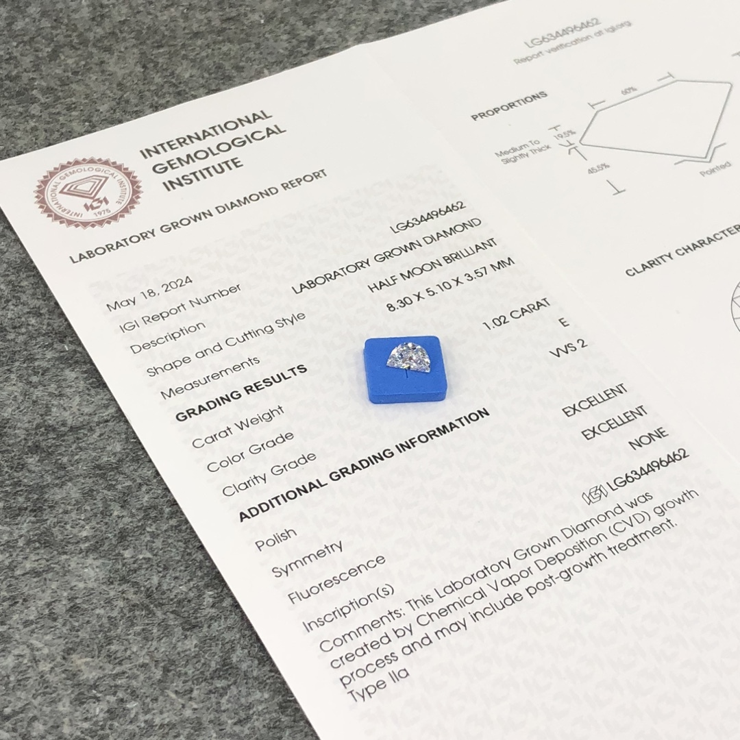 MissDiamond CVD LG634496462 Half Moon Brillant 1.02CT E VVS2 EX EX Lab Grown Diamond