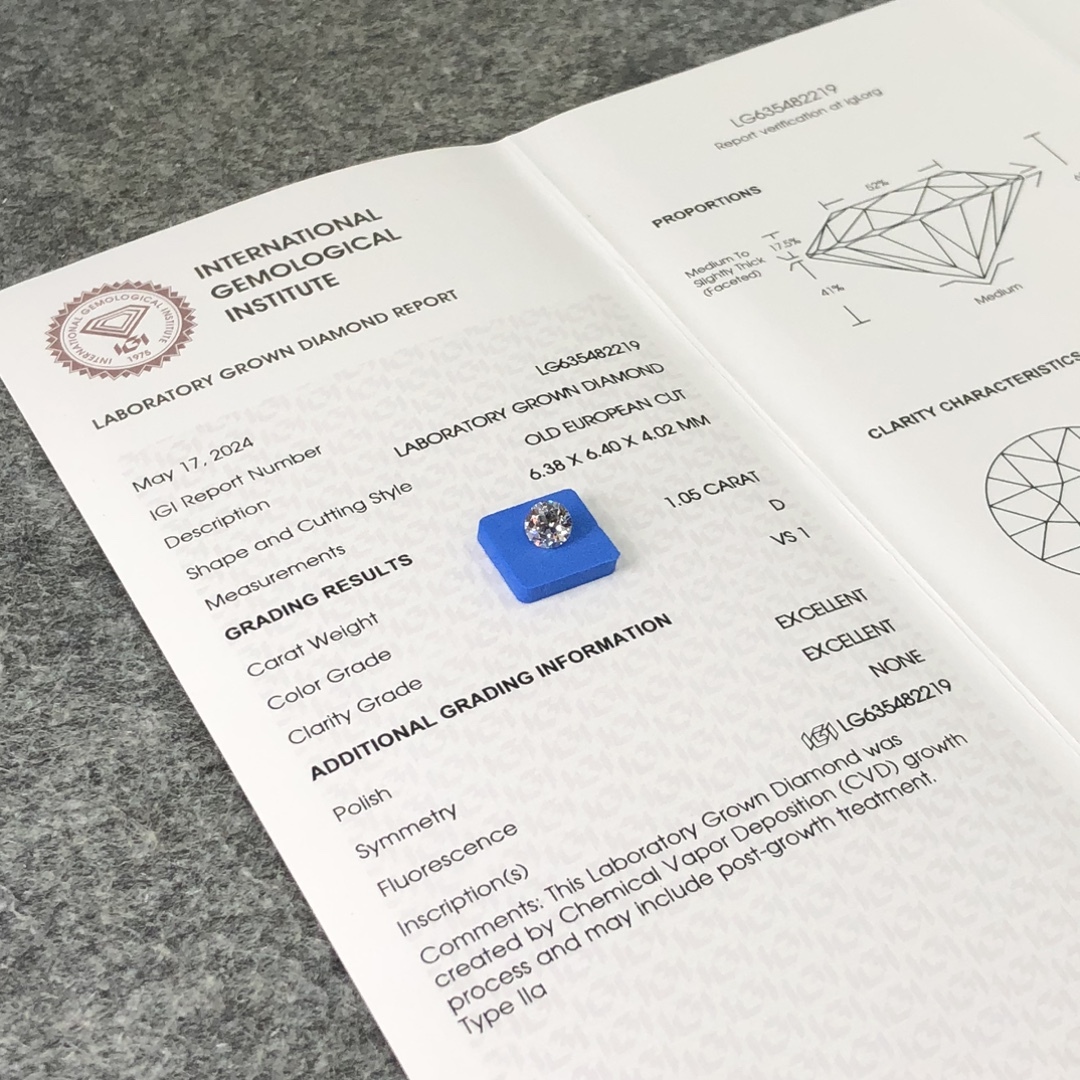 MissDiamond CVD LG635482219 Old European Cut 1.05CT D VS1 EX EX Lab Grown Diamond