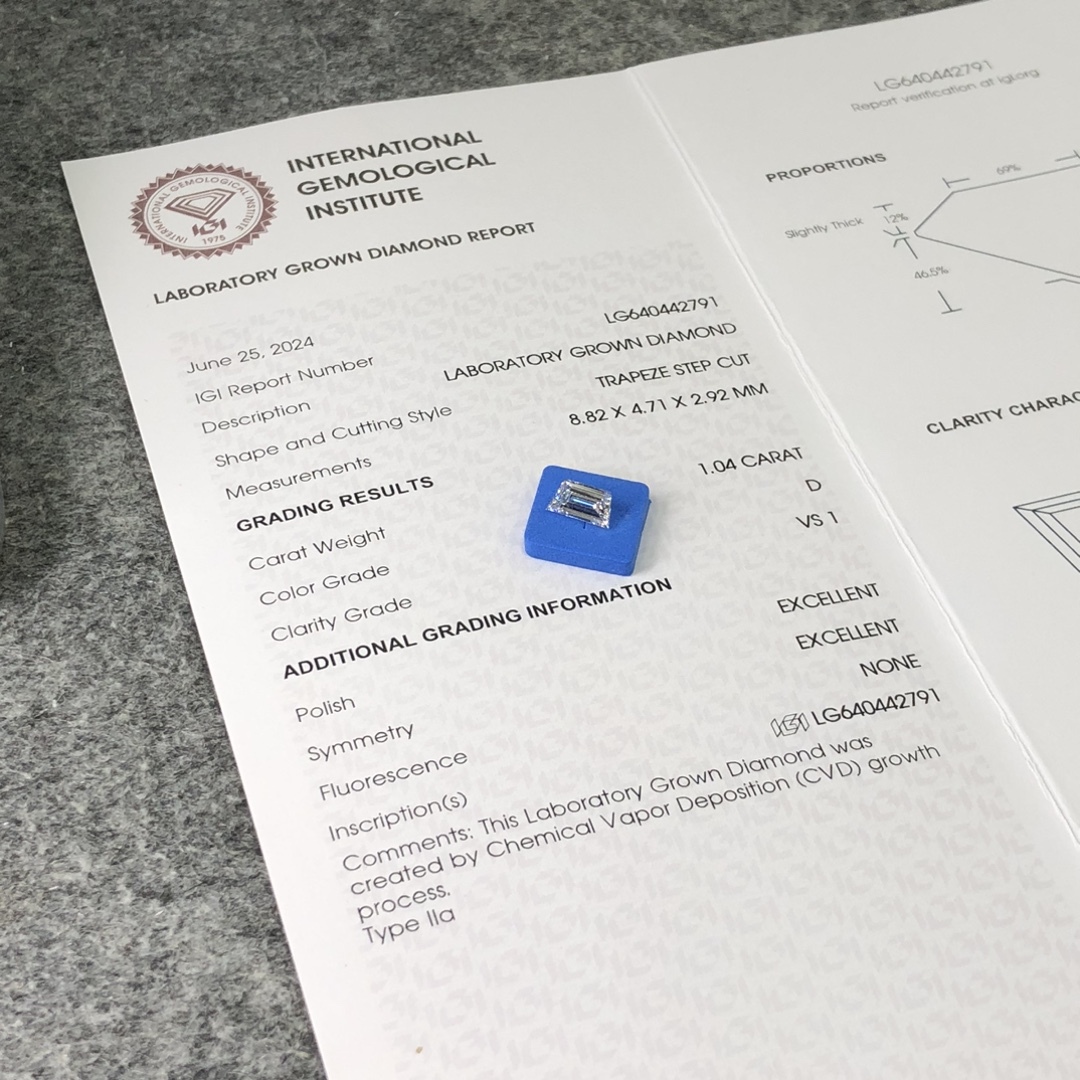 MissDiamond CVD LG640442791 Trapeze Step Cut 1.04CT D VS1 EX EX Lab Grown Diamond