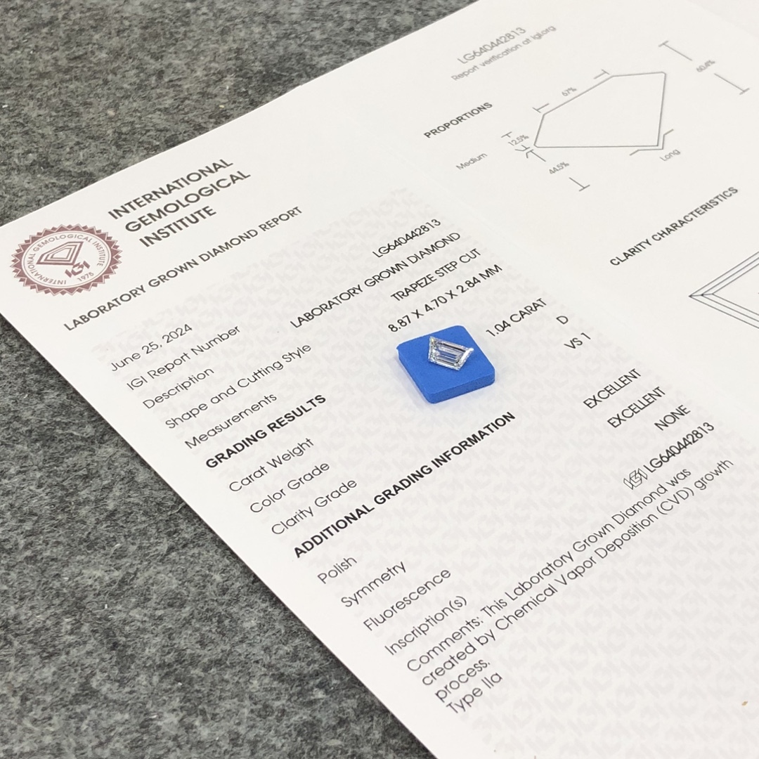 MissDiamond CVD LG640442813 Trapeze Step Cut 1.04CT D VS1 EX EX Lab Grown Diamond