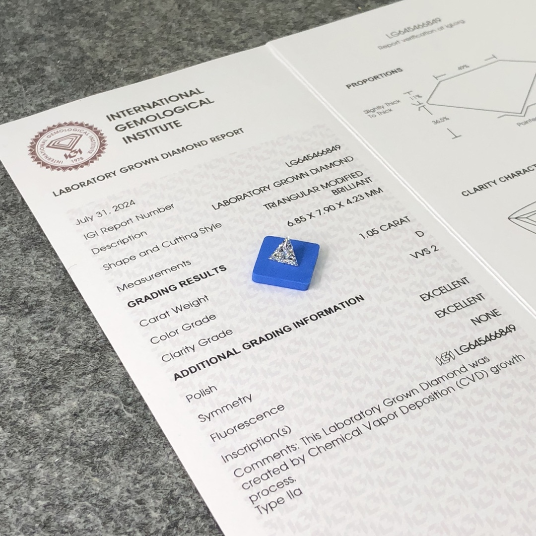 MissDiamond CVD LG645466849 Triangular Modified Brilliant 1.05CT D VVS2 EX EX Lab Grown Diamond