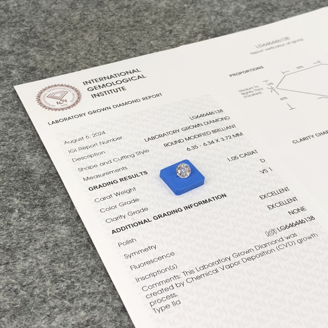 MissDiamond CVD LG646446138 Round Modified Brilliant 1.05CT D VS1 EX EX Lab Grown Diamond