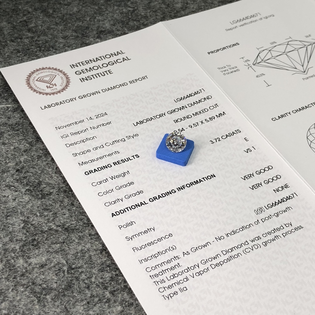 MissDiamond CVD LG664404671 Roud Mixed Cut 3.72CT E VS1 VG VG Lab Grown Diamond
