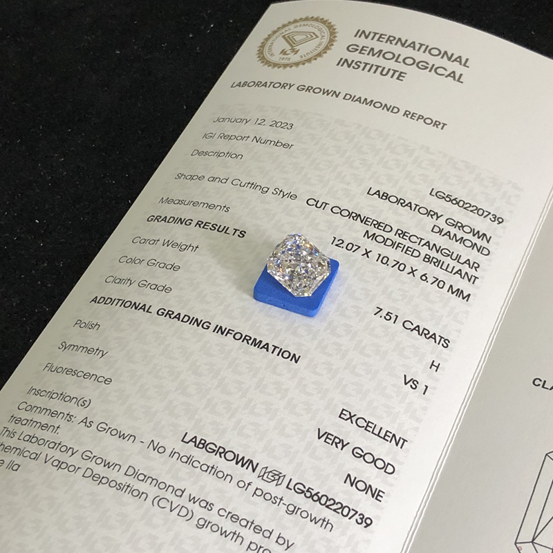 CVD LG560220739 Cut Cornered Rectangular Modified Brilliant 7.51CT H VS1 EX VG Lab Grown Diamond