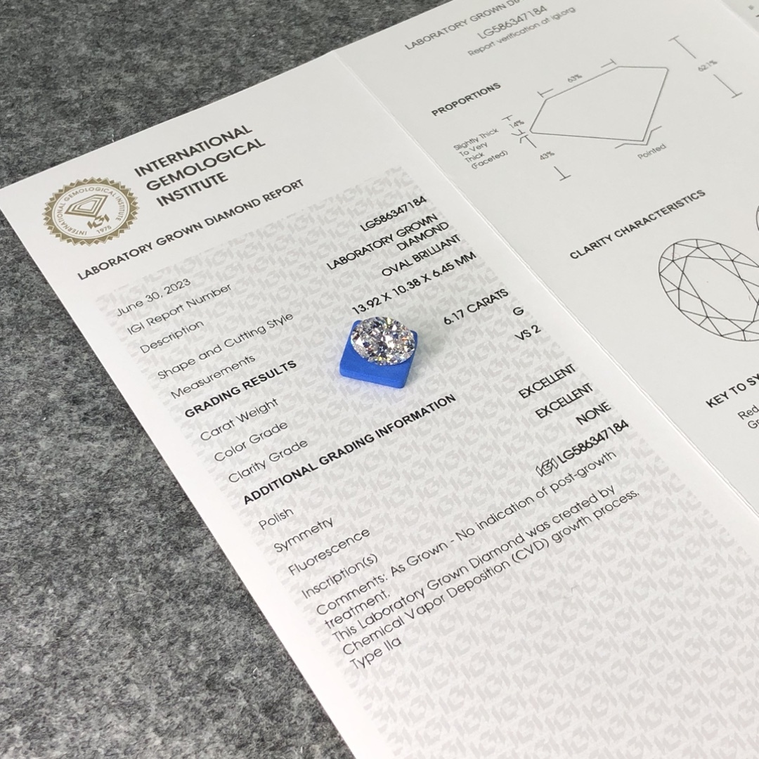 MissDiamond CVD LG586347184 Oval Cut 6.17CT G VS2 EX EX Lab Grown Diamond