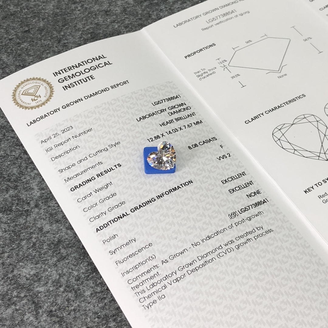MissDiamond CVD LG577388541 Heart Shape 8.08CT F VVS2 EX EX Lab Grown Diamond