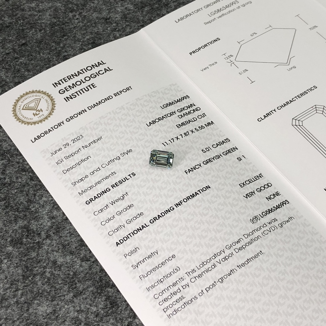 MissDiamond CVD LG586346993 Emerald Cut fancy Greyish Green5.01CT SI1 EX VG Lab Grown Diamond