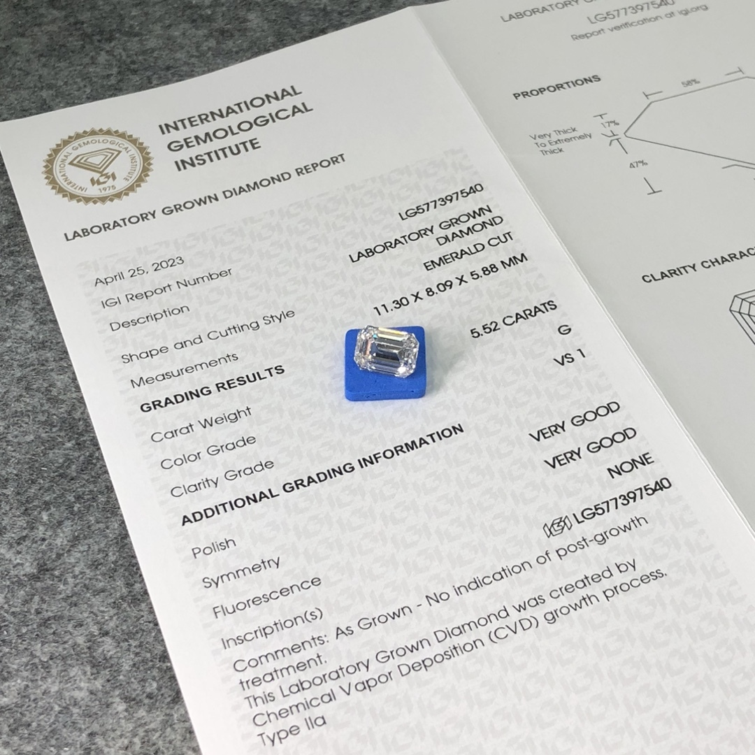 MissDiamond CVD LG577397540 Emerald Shape 5.52CT G VS1 VG VG Lab Grown Diamond