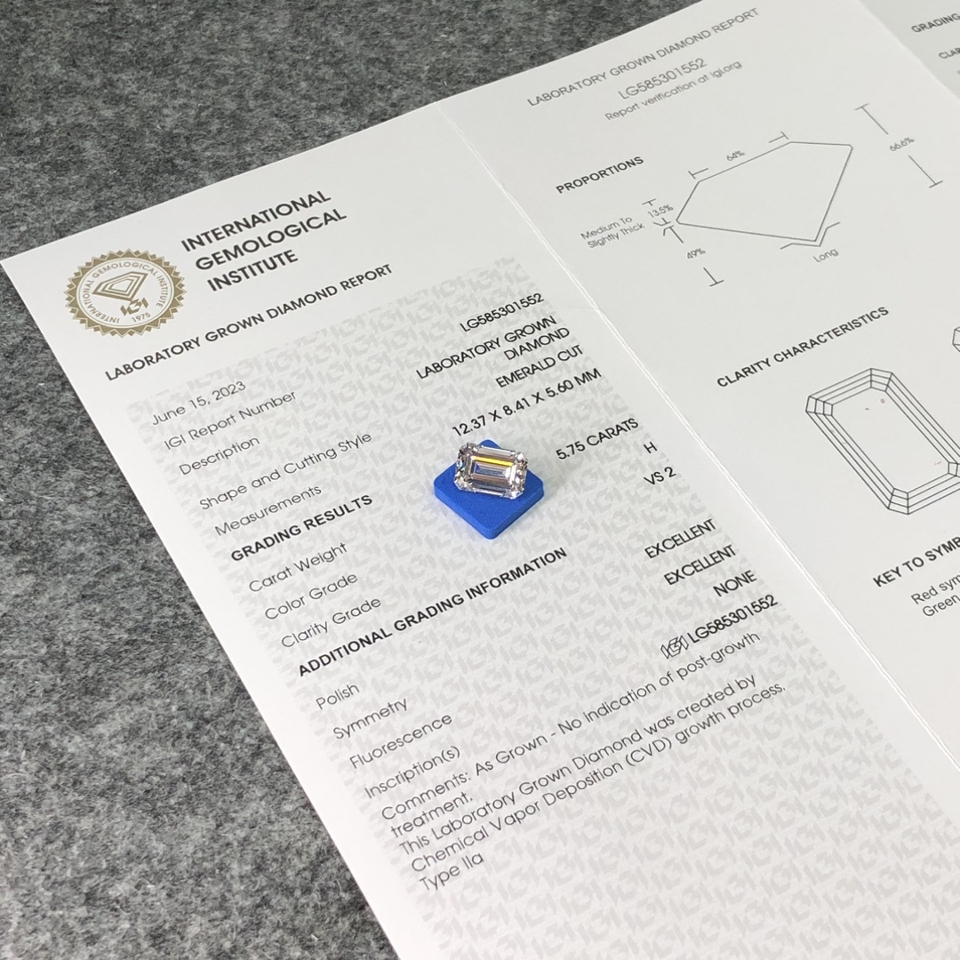 MissDiamond CVD LG585301552 Emerald Cut 5.75CT H VS2 EX EX Lab Grown Diamond