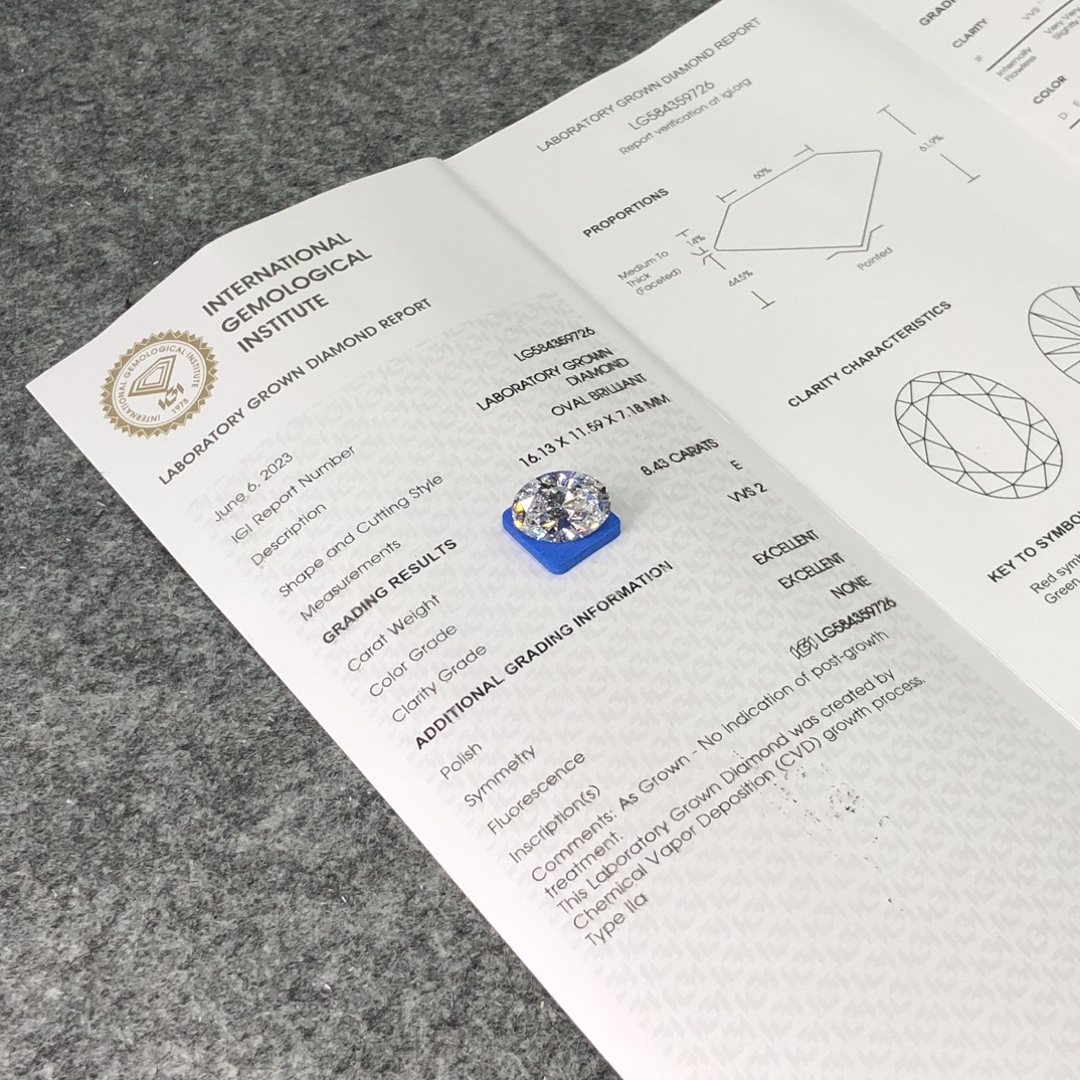 MissDiamond CVD LG584359726 Oval Cut 8.43CT E VVS2 EX EX Lab Grown Diamond