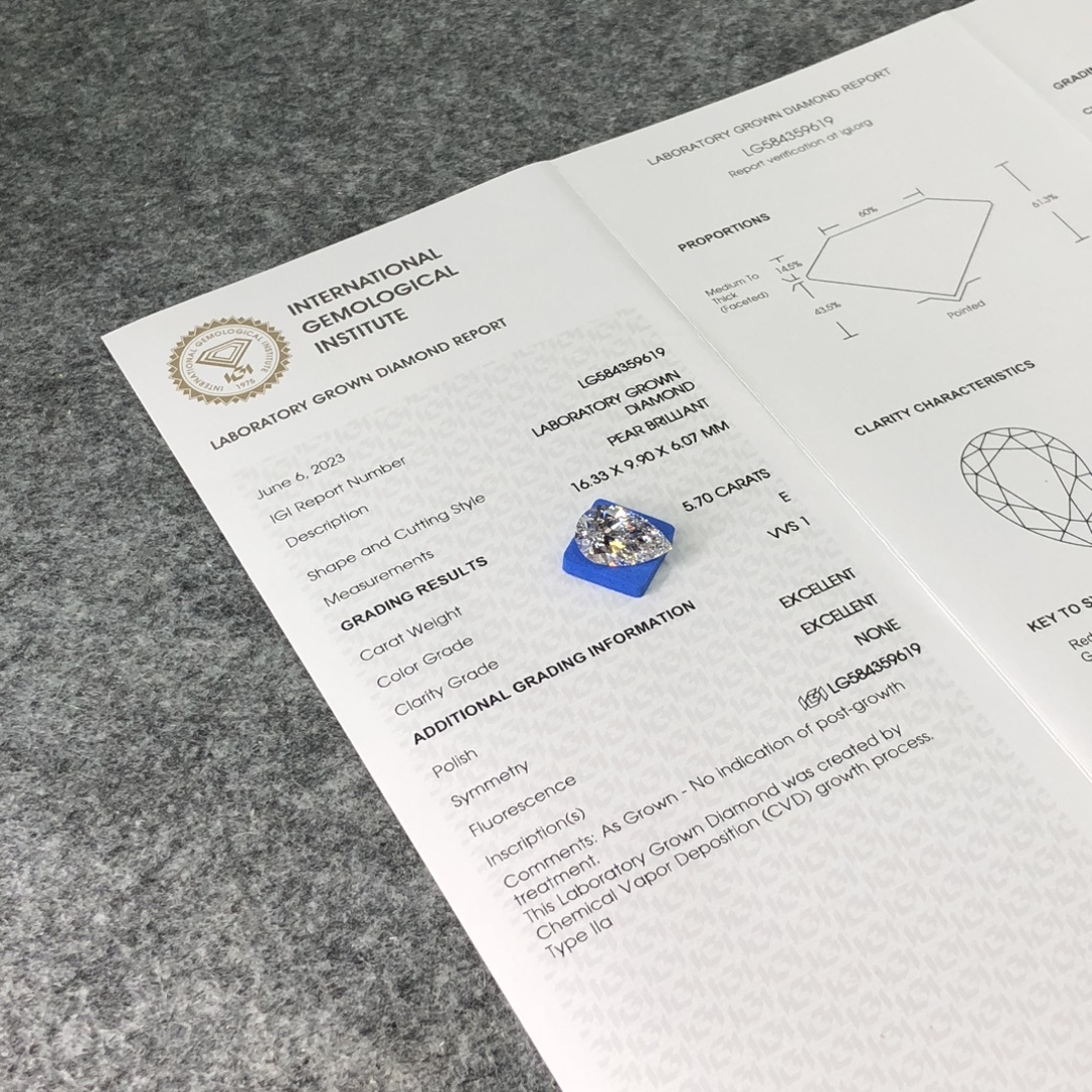 MissDiamond CVD LG584359619 Pear Cut 5.70CT E VVS1 EX EX Lab Grown Diamond