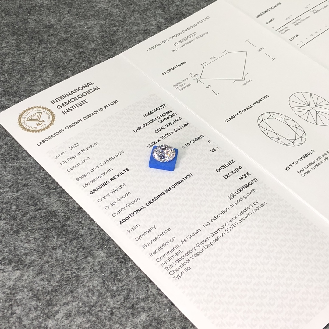MissDiamond CVD LG583342727 Oval Cut 5.16CT F VS1 EX EX Lab Grown Diamond