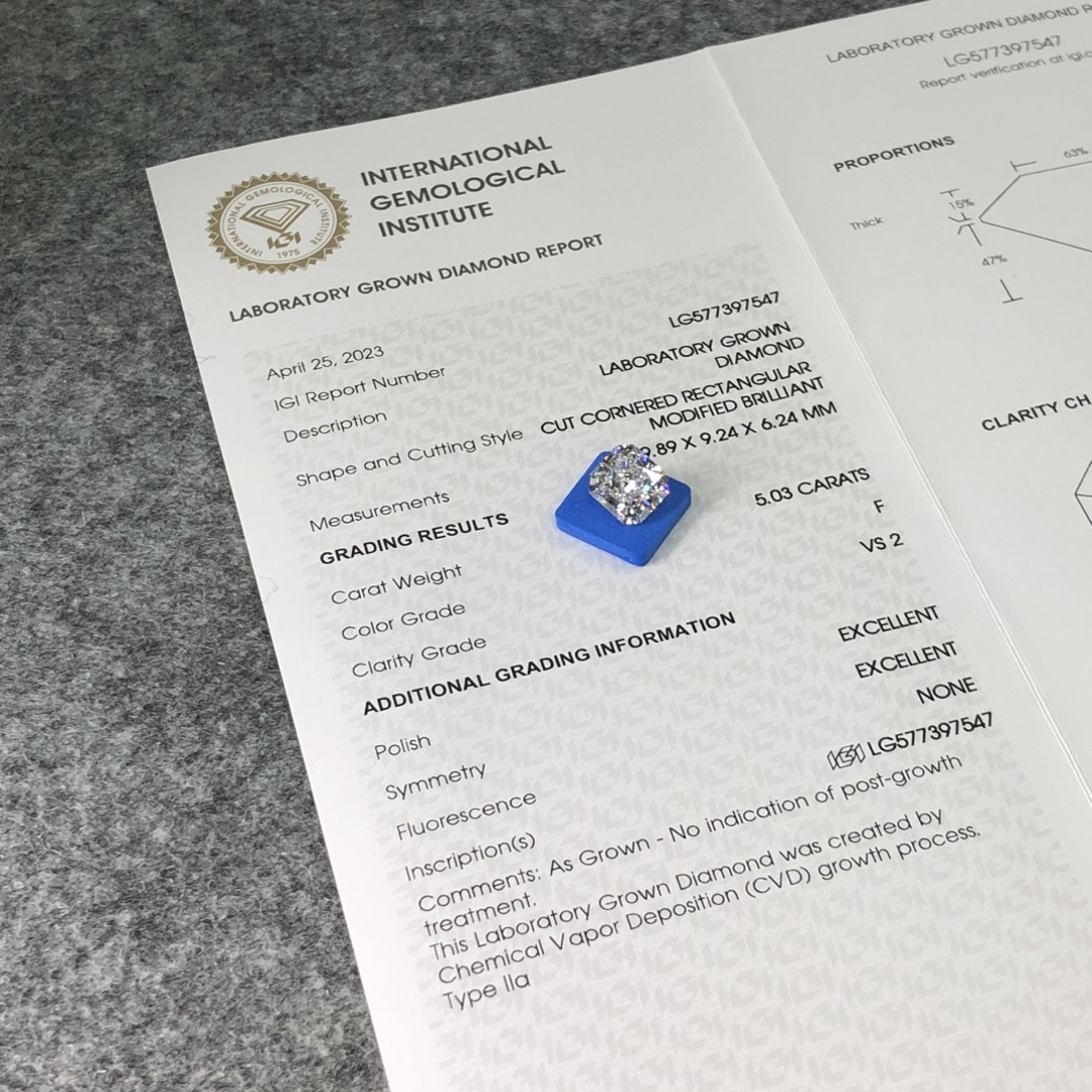 MissDiamond CVD LG577397547 Radiant Cut 5.03CT F VS2 EX EX Lab Grown Diamond