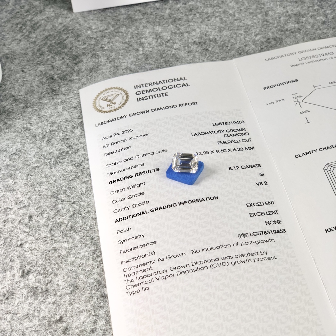 MissDiamond CVD LG578319463 Emerald Cut 8.12CT G VS2 EX EX Lab Grown Diamond