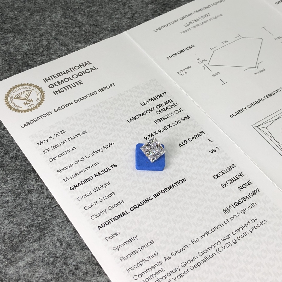 MissDiamond CVD LG578319497 Princess Cut 6.02CT E VS1 EX EX Lab Grown Diamond