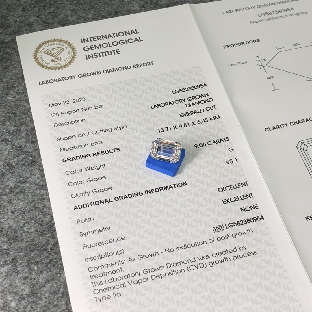 MissDiamond CVD LG582380954 Emerald Cut 9.06CT G VS1 EX EX Lab Grown Diamond