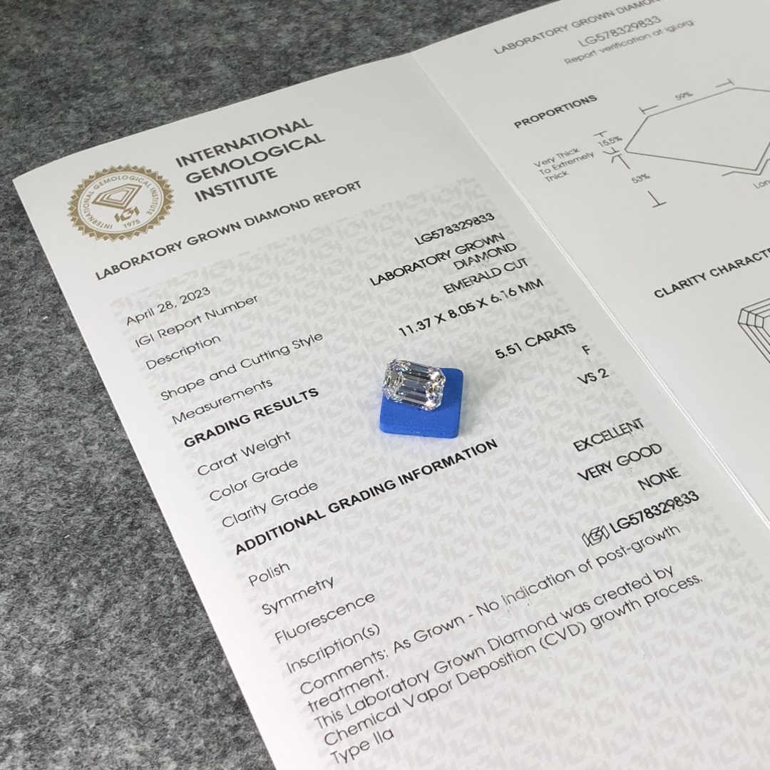 MissDiamond CVD LG578329833 Emerald Cut 5.51CT F VS2 EX VG Lab Grown Diamond