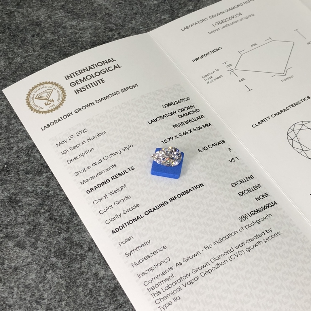 MissDiamond CVD LG582369334 Pear Cut 5.4CT F VS1 EX EX Lab Grown Diamond
