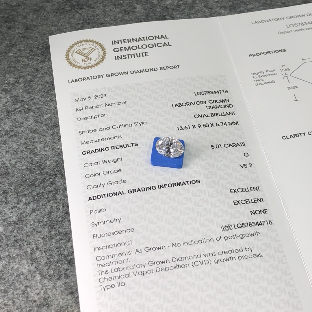 MissDiamond CVD LG578344716 Oval Cut 5.01CT G VS2 EX EX Lab Grown Diamond