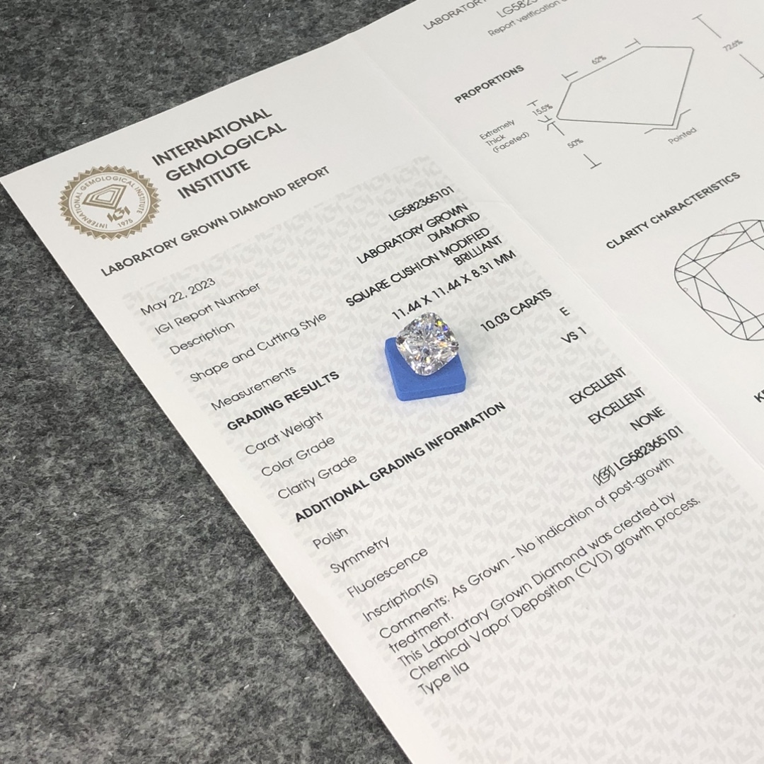 MissDiamond CVD LG582365101 Square Cushion Cut 10.03CT E VS1 EX EX Lab Grown Diamond