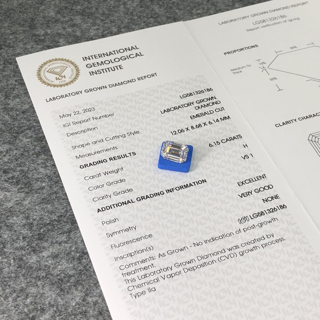 MissDiamond CVD LG581326186 Emerald Cut 6.15CT H VS1 EX VG Lab Grown Diamond