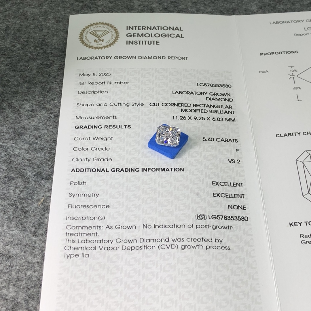 MissDiamond CVD LG578353580 Radiant Cut 5.40CT F VS2 EX EX Lab Grown Diamond
