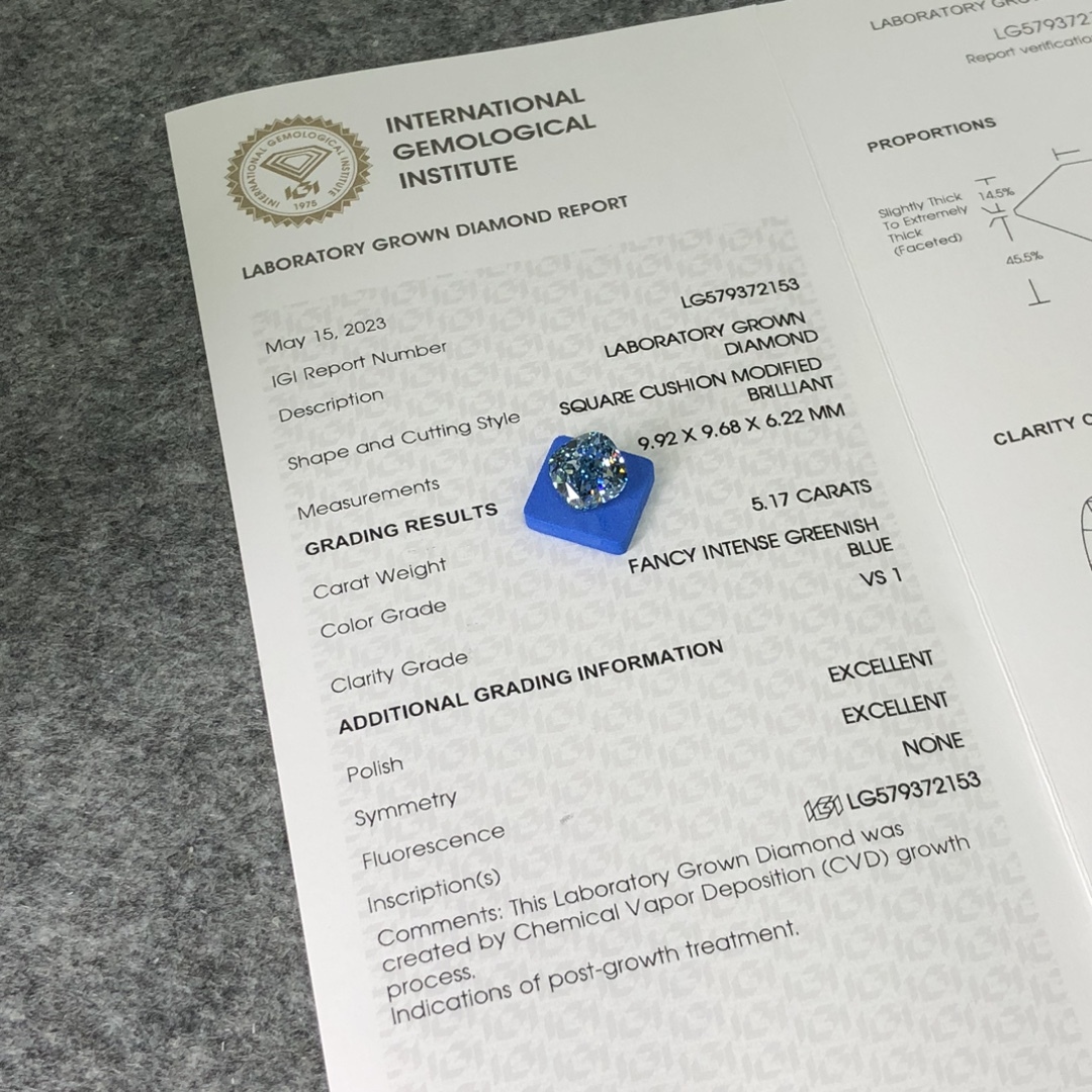 MissDiamond CVD LG579372153 Square Cushion Modified Brillinat Fancy Intense Greenish Blue 5.17CT VS1 EX EX Lab Grown Diamond
