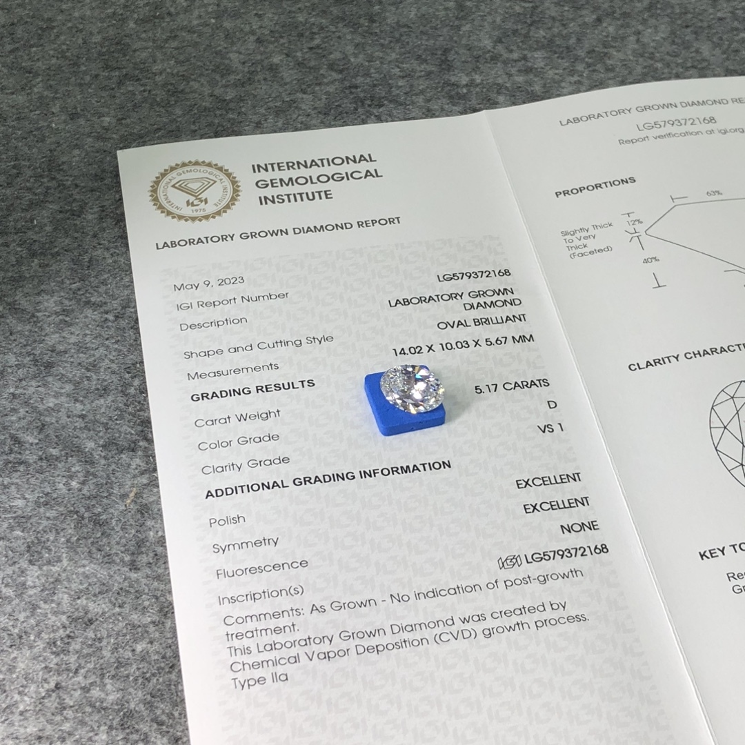 MissDiamond CVD LG579372168 Oval Cut 5.17CT D VS1 EX EX Lab Grown Diamond