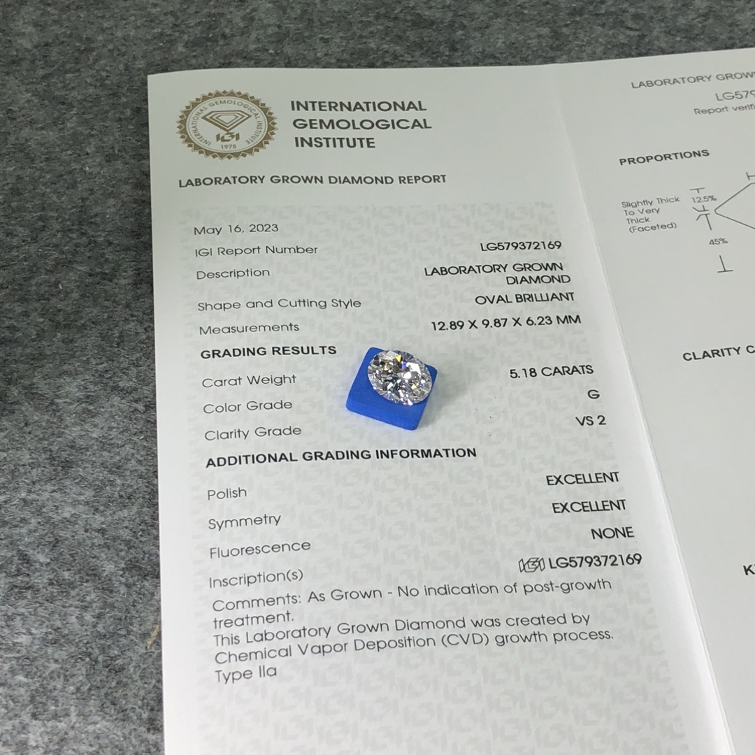 MissDiamond CVD LG579372169 Oval Cut 5.18CT G VS2 EX EX Lab Grown Diamond