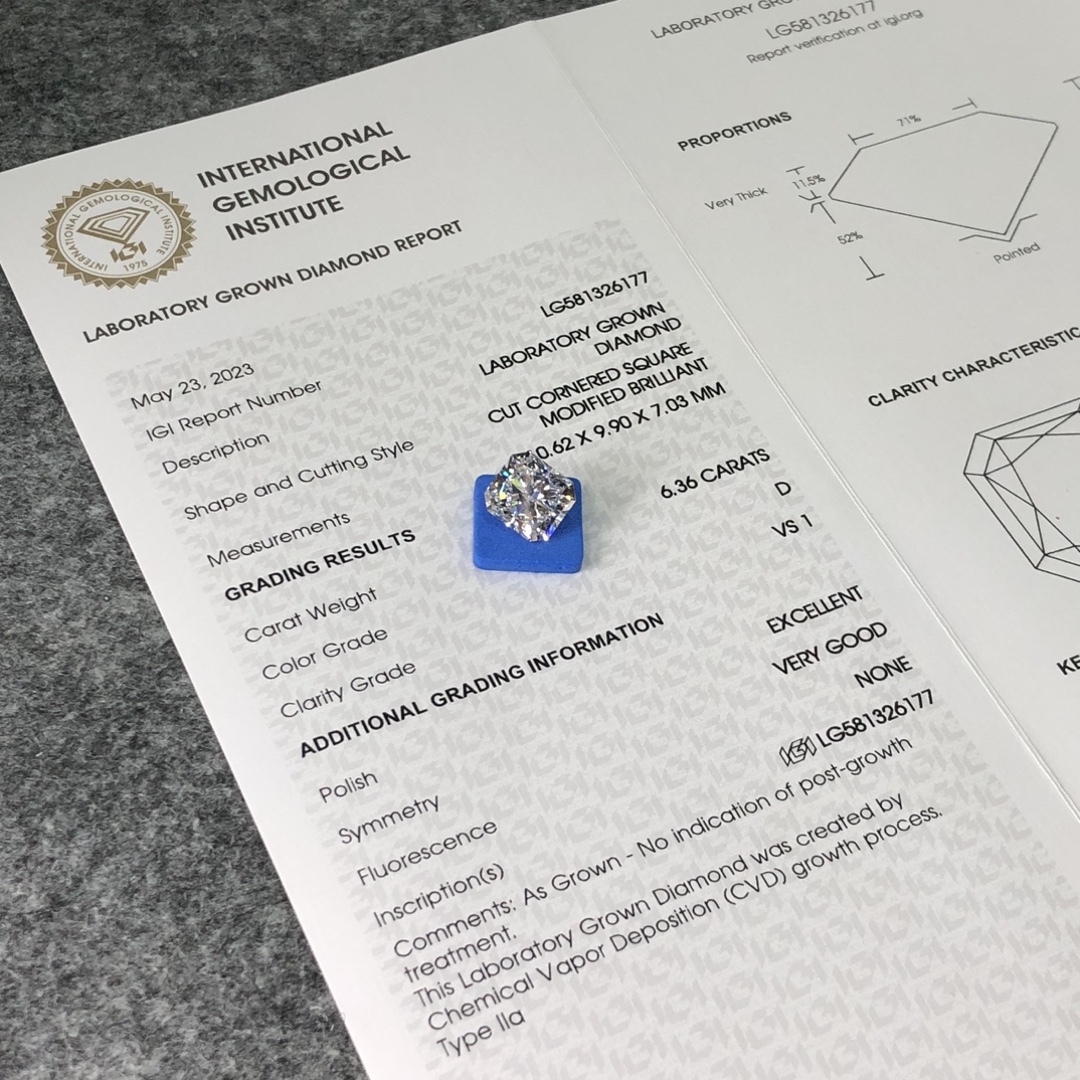 MissDiamond CVD LG581326177 Cut Cornered Square Modified Brilliant 6.36CT D VS1 EX VG Lab Grown Diamond