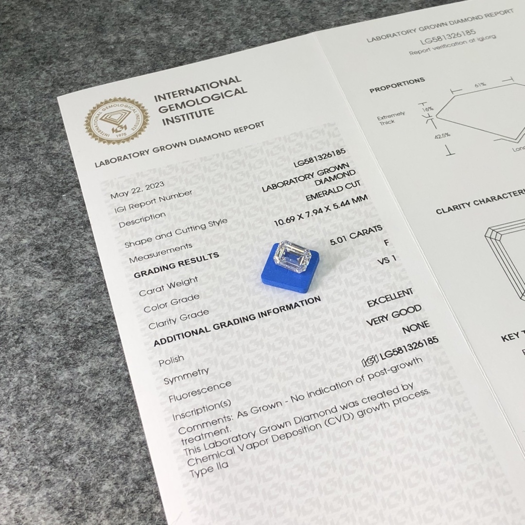 MissDiamond CVD LG581326185 Emerald Cut 5.01CT F VS1 EX VG Lab Grown Diamond