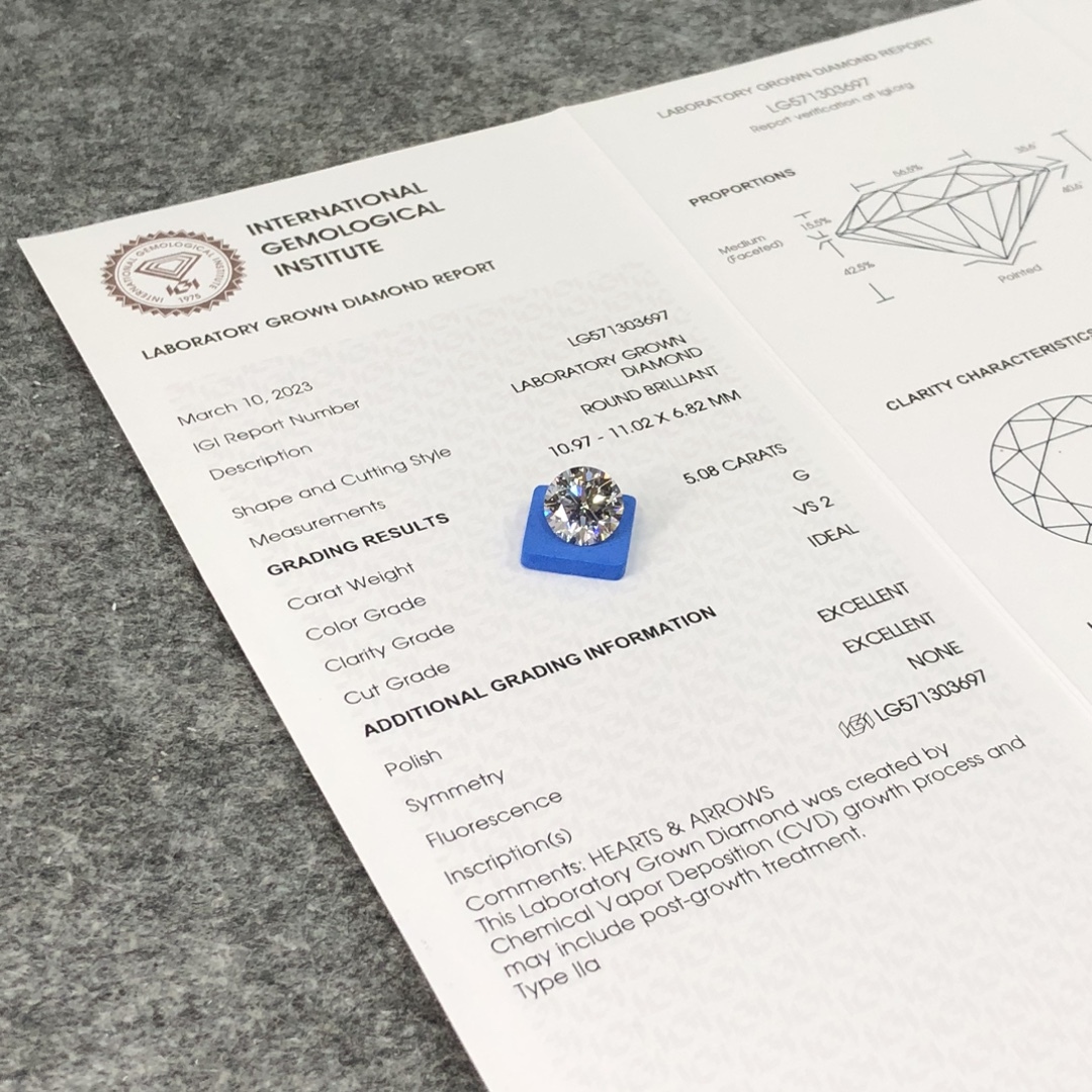 MissDiamond CVD LG571303697 Round Cut 5.08CT G VS2 ID EX EX Lab Grown Diamond
