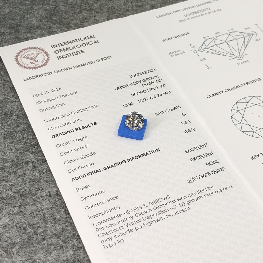 MissDiamond CVD LG628420322 Round Cut 5.03CT G VS1 ID EX EX Lab Grown Diamond