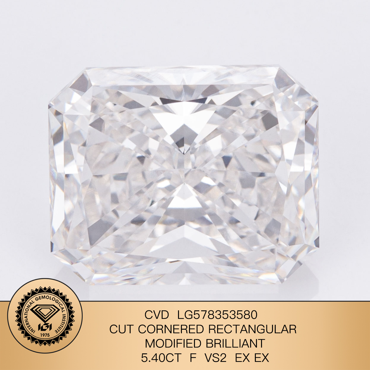 MissDiamond CVD LG578353580 Radiant Cut 5.40CT F VS2 EX EX Lab Grown Diamond