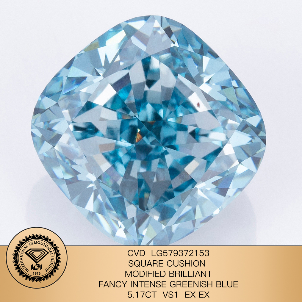 MissDiamond CVD LG579372153 Square Cushion Modified Brillinat Fancy Intense Greenish Blue 5.17CT VS1 EX EX Lab Grown Diamond