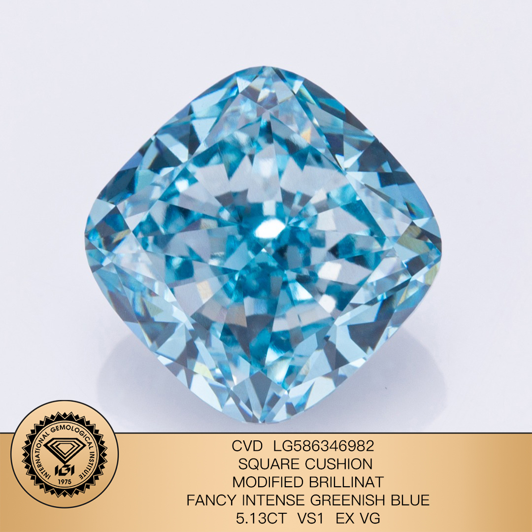 MissDiamond CVD LG586346982 Square Cushion Modified Brillinat Fancy Intense Greenish Blue 5.13CT VS1 EX VG Lab Grown Diamond