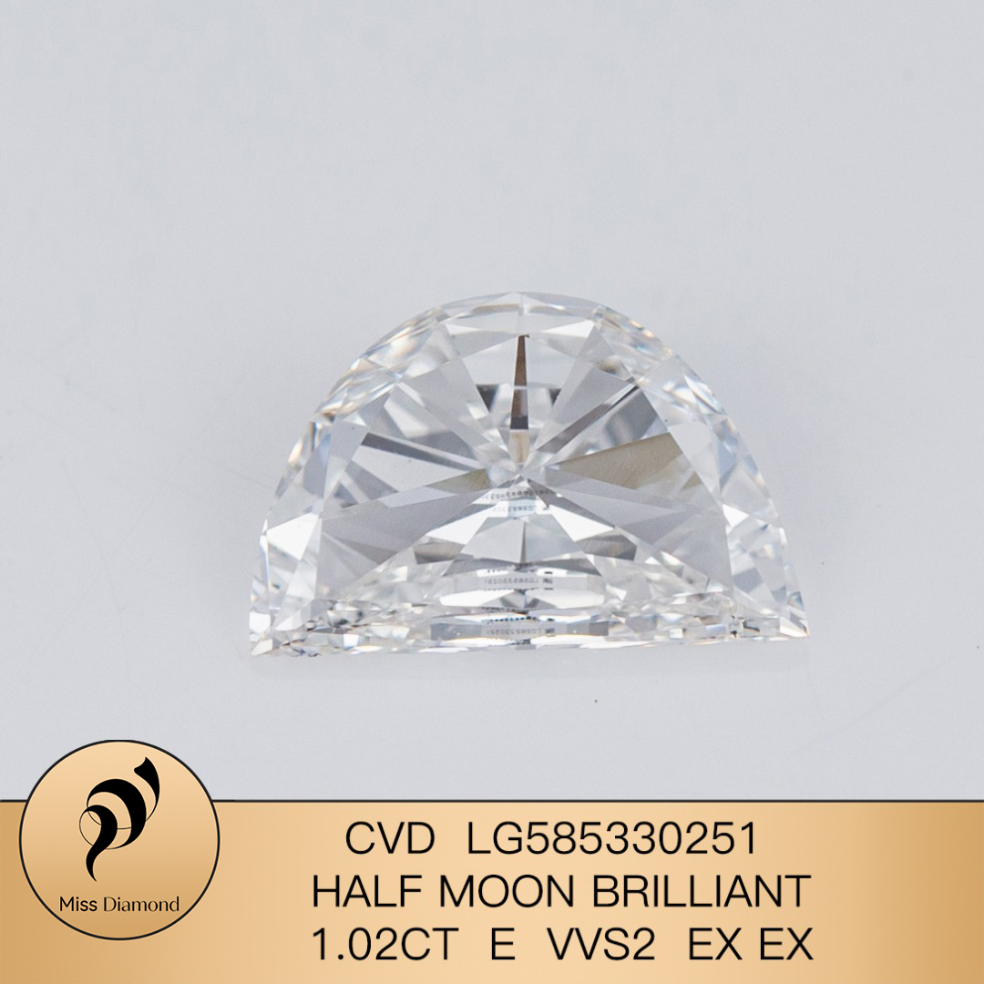 MissDiamond CVD LG585330251 HALF MOON BRILLIANT 1.02CT E VVS2 EX EX Lab Grown Diamond