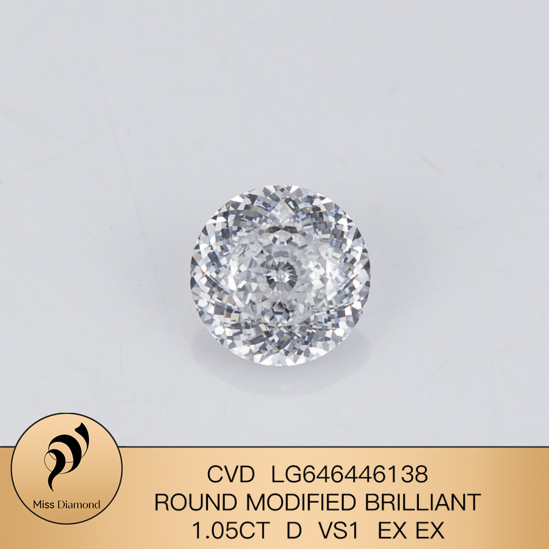 MissDiamond CVD LG646446138 Round Modified Brilliant 1.05CT D VS1 EX EX Lab Grown Diamond