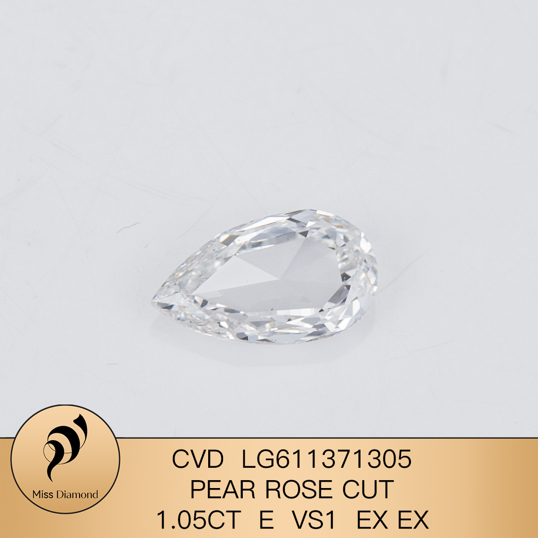 MissDiamond CVD LG611371305 Pear Rose Cut 1.05CT E VS1 EX EX Lab Grown Diamond