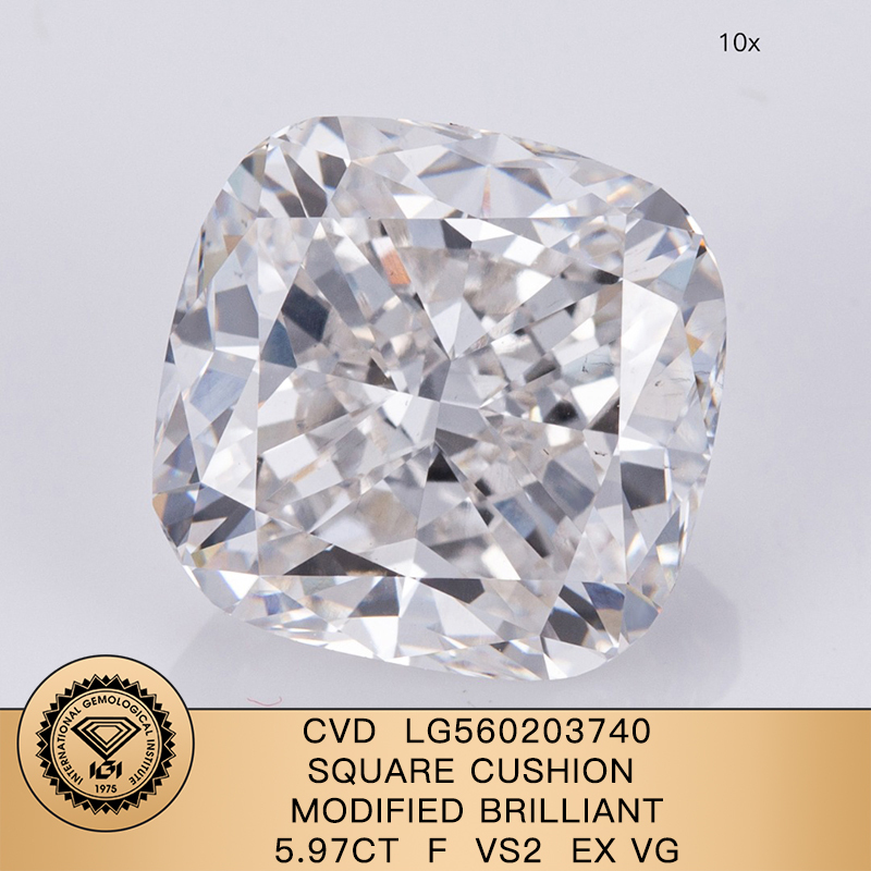 CVD LG560203740 Square Cushion Modified Brilliant 5.97CT F VS2 EX VG Lab Grown Diamond